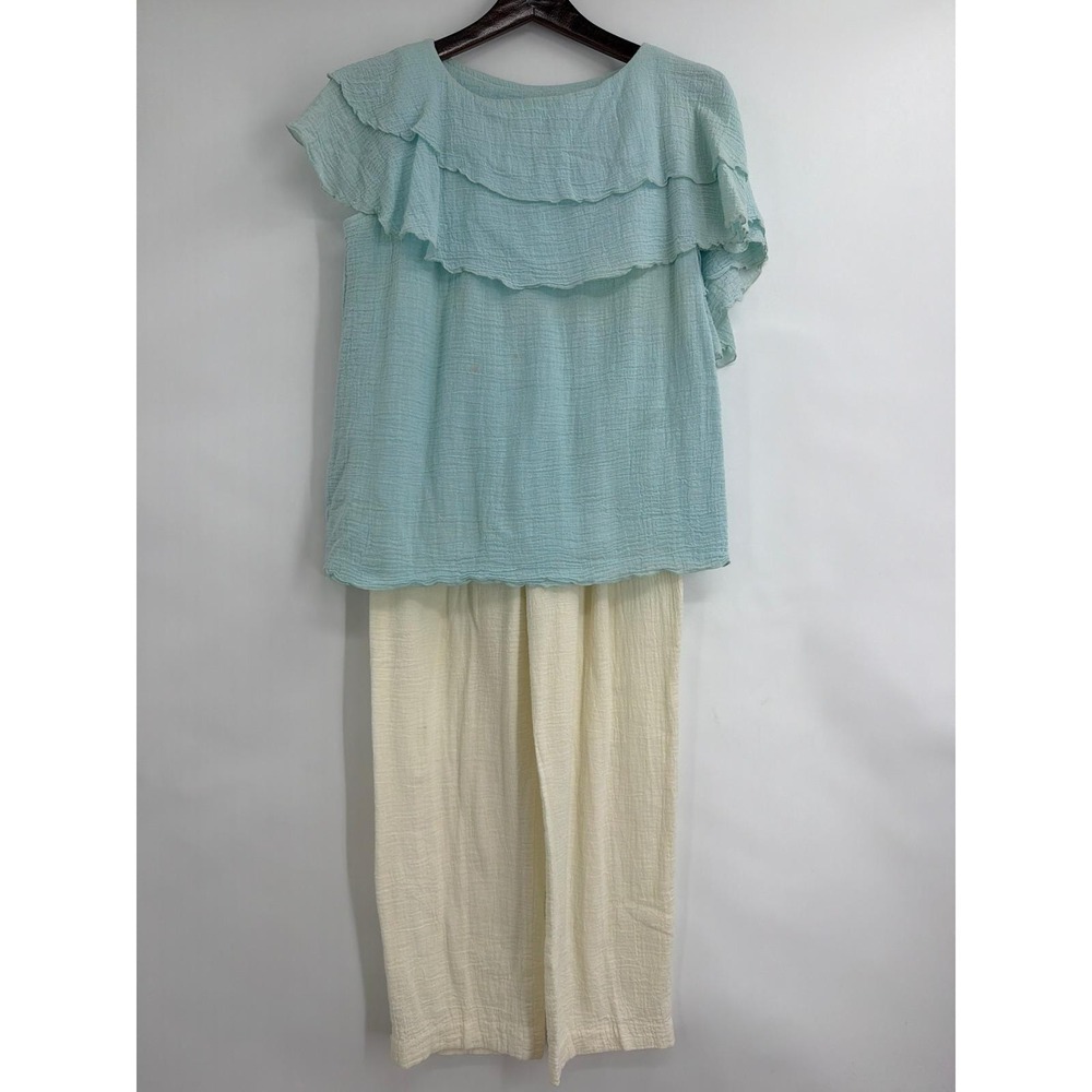 Serbin Sport Vintage Gauze 2 Piece Set Ruffle Top & Pants USA Coastal Cozy Beach